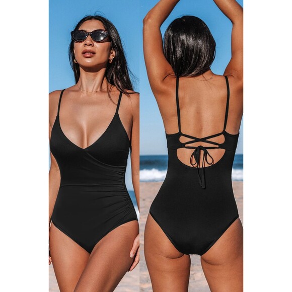CUPSHE Swimsuit Women S Black Surplice Lace-Up Coquette Beachcore Tiktok - Picture 1 of 7